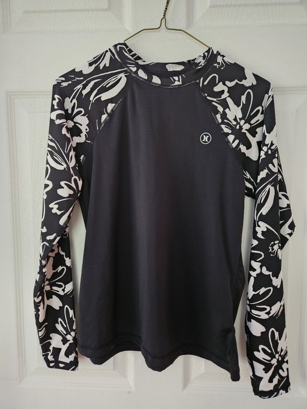 Hurley Black Top with White Floral Raglan Sleeves